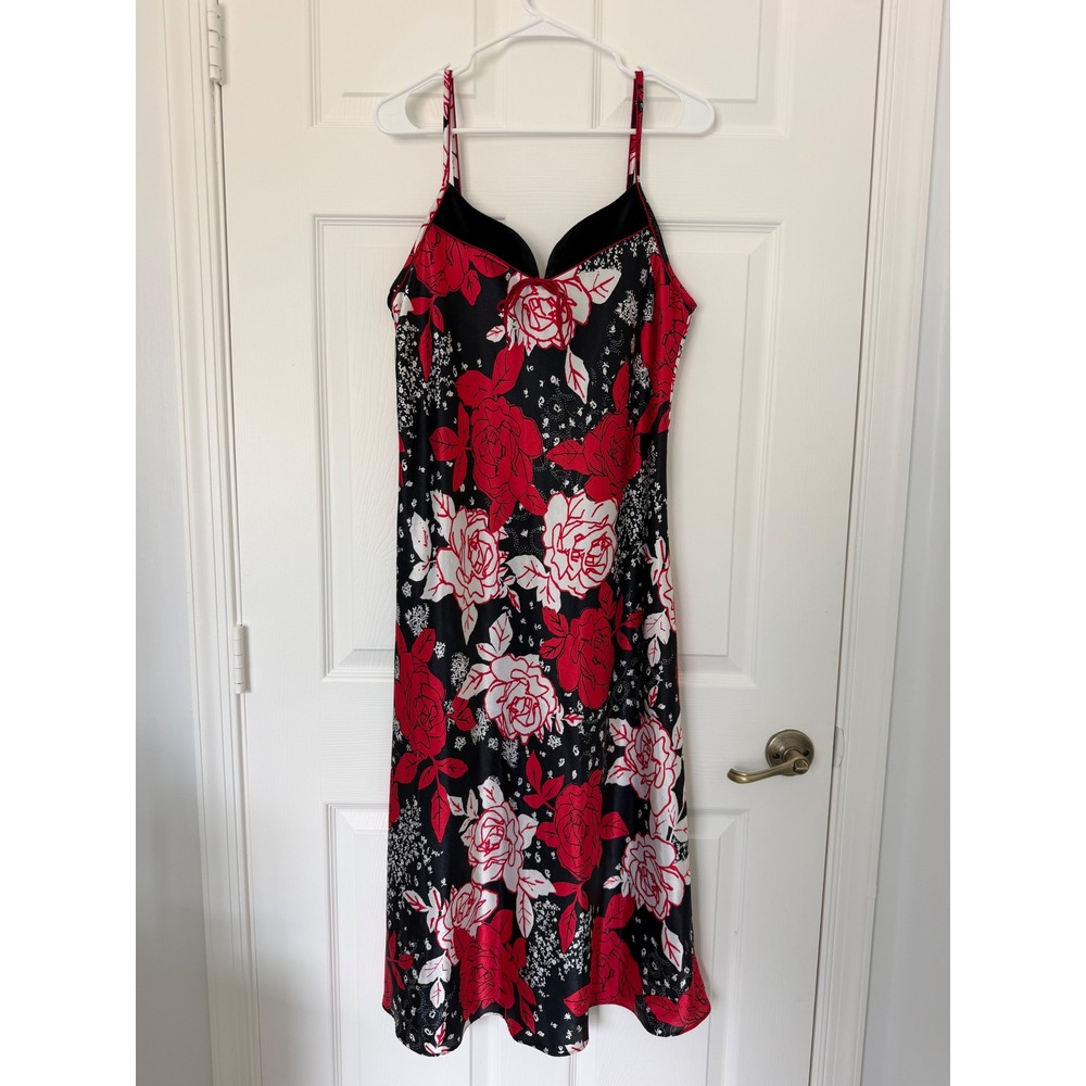 Jones New York 90s Vintage Red White Black Floral Midi Slip Dress Satin Chemise